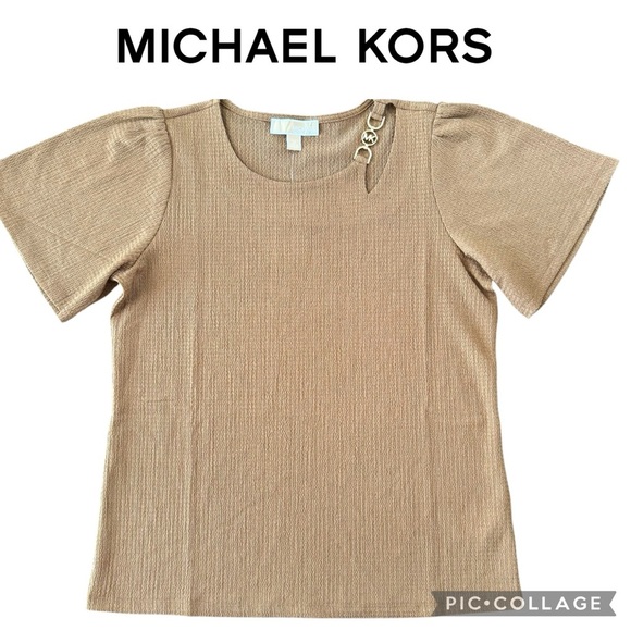 Michael Kors gold logo cutout neckline brown top size M NWT $110 - Picture 1 of 8